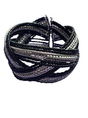 Beaded Woven Cuff Bracelet Black Silvertone